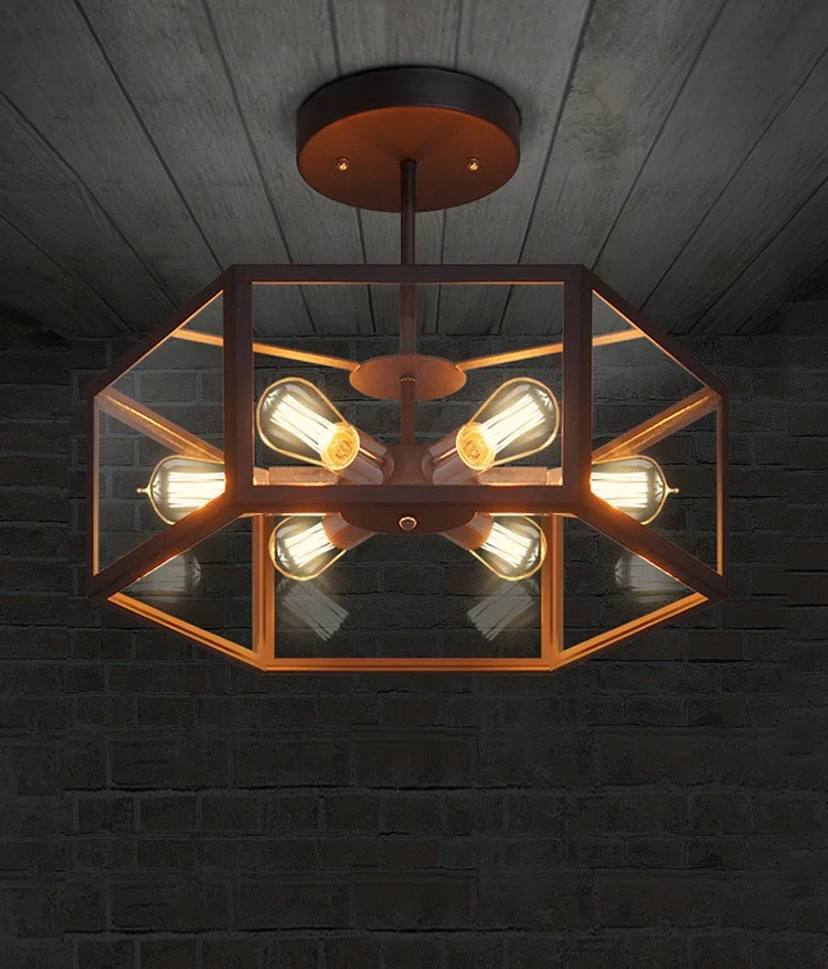 Creative Restaurant Bar Cafe Industrial Wind Aisle Wrought Iron Glass Hexagonal Ceiling Light