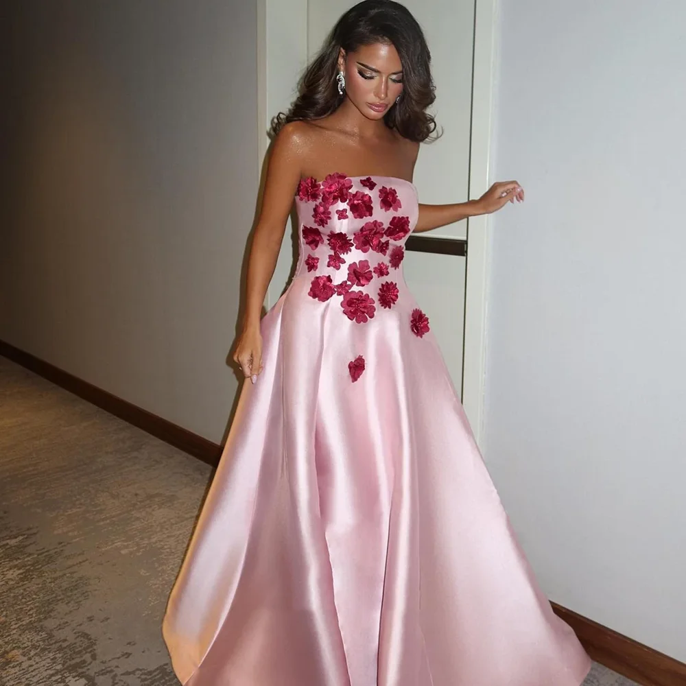 Elegant Flowers Evening Dresses for Women Pink Strapless Sleeveless A-Line Prom Gowns Fashion Floor Length Party Dresses 2024