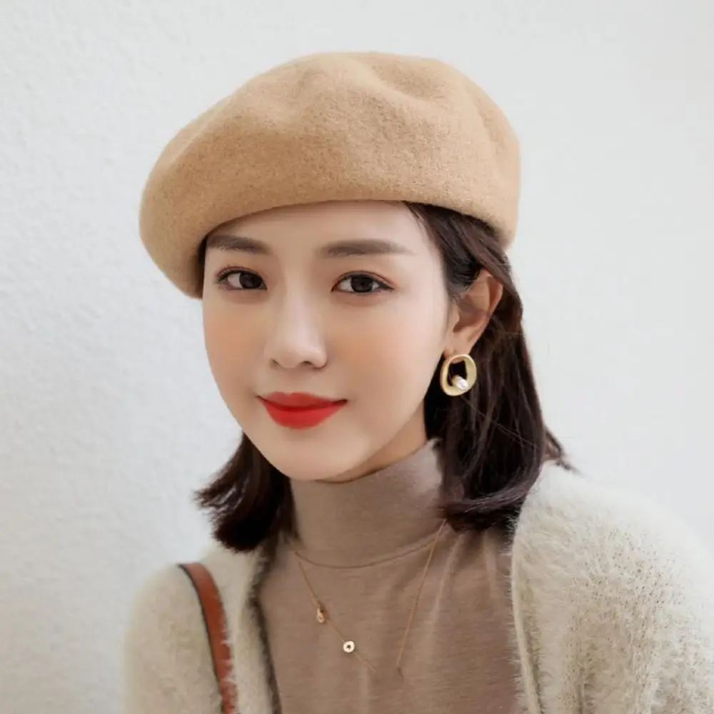 

Fashion Plush Women Wool Beret Warm Elastic British Beanie Hat Cute Korean Style Artistic Hat Girls