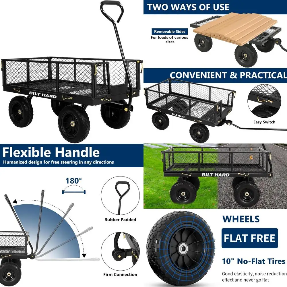Heavy-Duty Garden Cart with 880 lbs Capacity, 180° Rotating Handle, Removable Sides, 4 Cubic Feet Flat-Free Tires