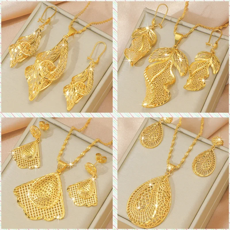 

Wedding 9999 24K Real Gold Leaf Flower Necklace Women's Earring Set Pendants