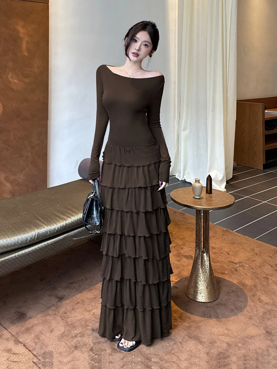 Francês elegante em camadas babados marrom manga longa vestido de noite feminino fora do ombro bolo puff vestido de festa de luxo vestidos de baile robe