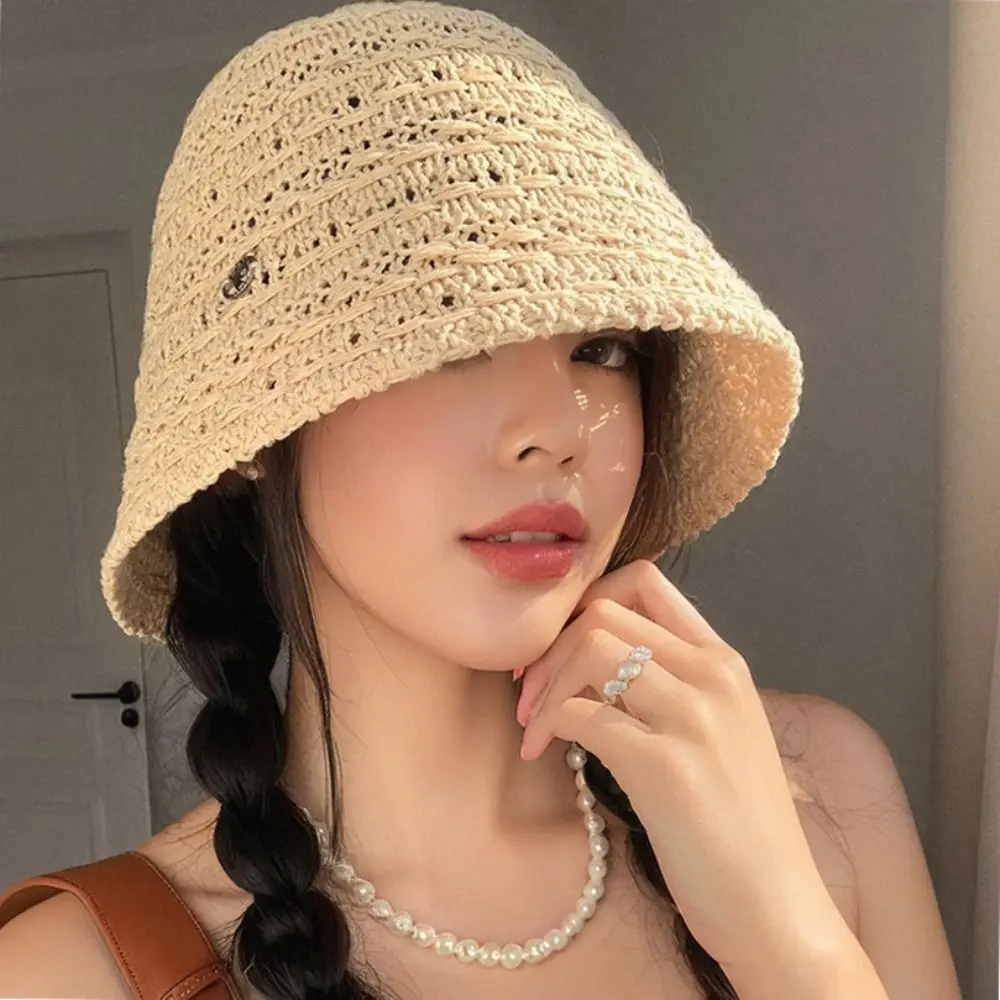 

Fashion Summer Straw Sun Hat Hollow Breathable Straw Bucket Hat Wide Brim Vacation Beach Visor Cap Travel