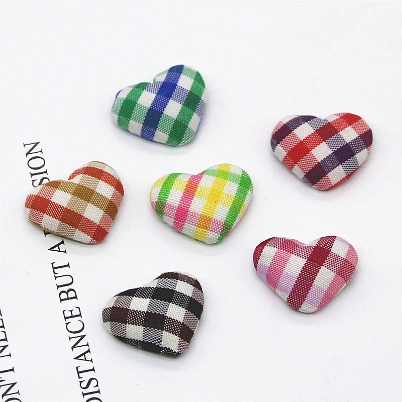 50pcs Mix Color Flatback grid Fabric Covered Heart Buttons Home Garden Crafts Cabochon Scrapbooking DIY 15mm