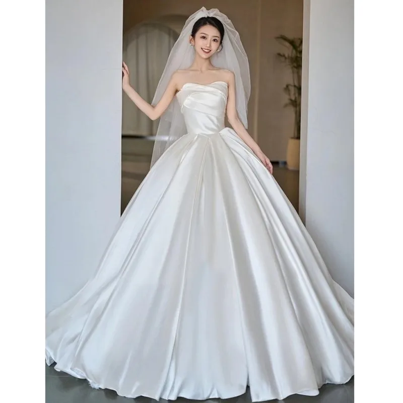 Satin Wedding Dresses For Women Classic Sexy Strapless Bridal Dress With Train 2023 New Sleeveless Simple Robe De Mariee