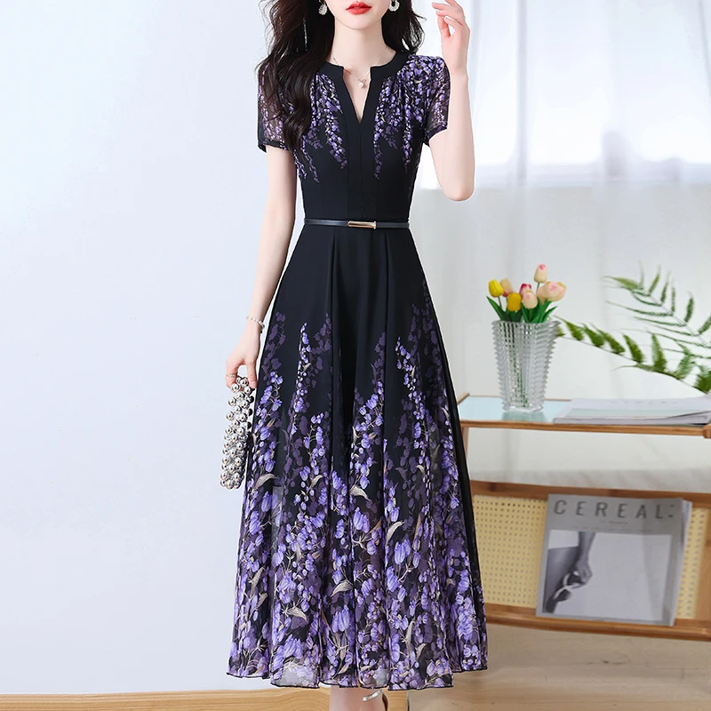 Bohemian Chiffon Beach Maxi Long Dress Women Summer Elegant V-Neck Belt Flower Print Purple Green Evening Party Dress 2023 New