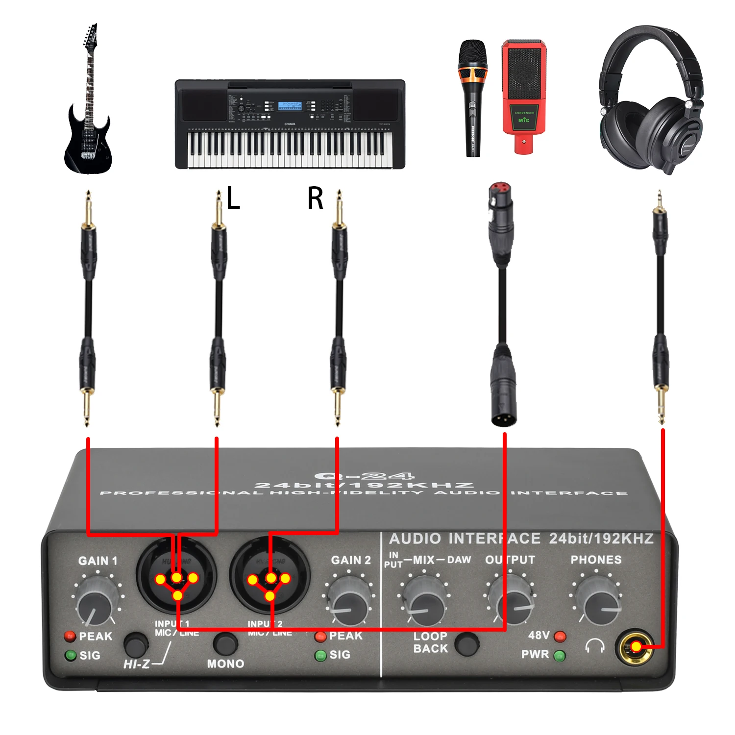 Imagem -04 - Interface de Áudio Profissional Input Placa de Som para Guitarra Loopback Usb Soundcard Externo Estúdio pc Gravação 24bit 192khz Q24