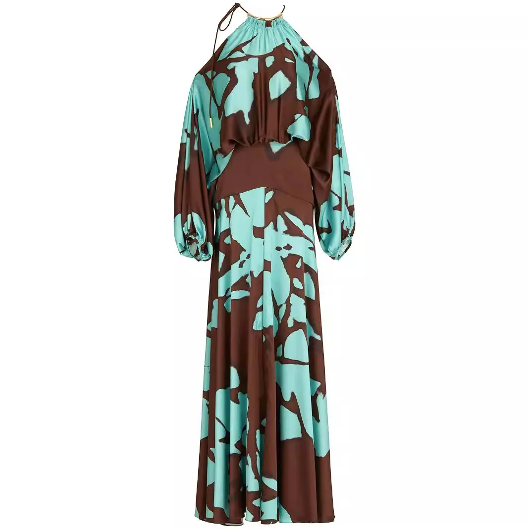 

Women Dresses Lantern Sleeve Dress O Neck Patchwork Print Loose Fit Sexy Casual Ankle Length Summer Vestidos 2025 Spliced