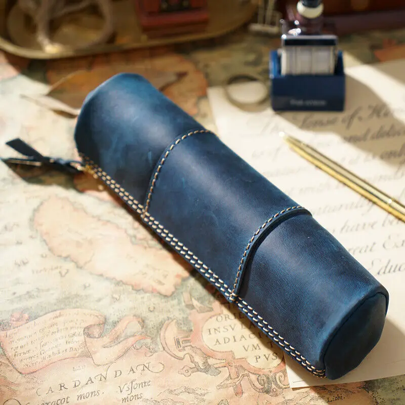 Handmade Cowhide Leather Pen Bag Vintage Pencil Case Cosmetic Brush Pouch Pen Pencil Case Stationery Storage Bag School Supplies