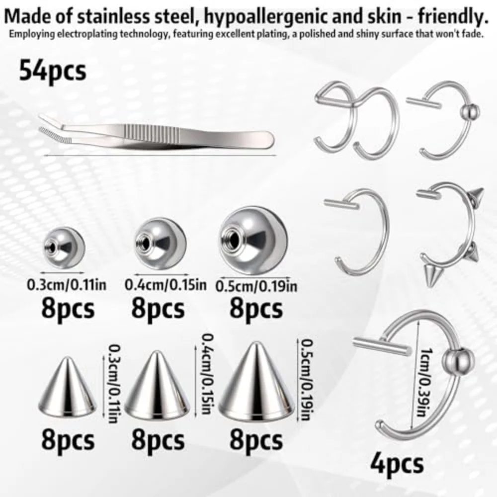 54Pcs Fake Piercing Accessories Set Spikes & Replacement Balls Non‑Pierce Lip Eyebrow Nose Cuffs with Tweezers & Stickers Silver