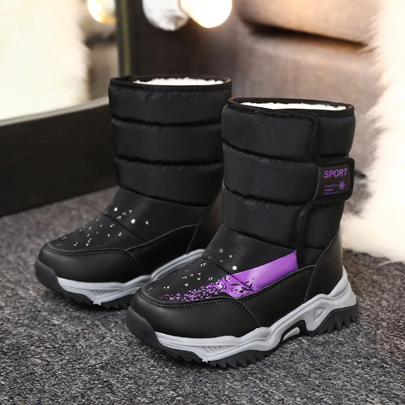 

Boys Autumn Winter Snow Boots Children Fleece Thickened Cotton Shoes Solid Color Velcro Warm High Top Girls Boots Outdoor