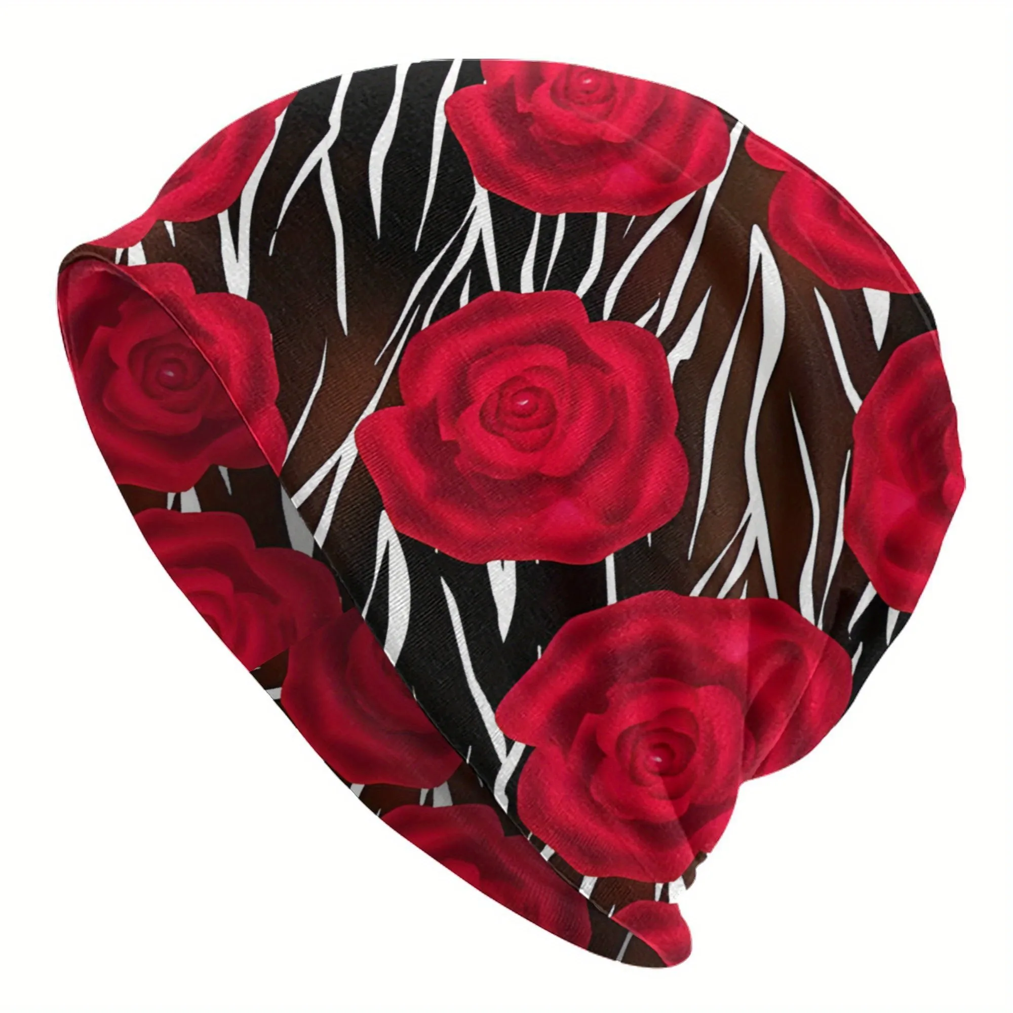Retro Tiger Red Roses Bonnet Hat Abstract Hip-Hop Beanie Cap with Tiger Stripe Pattern Warm Spring Autumn Unisex