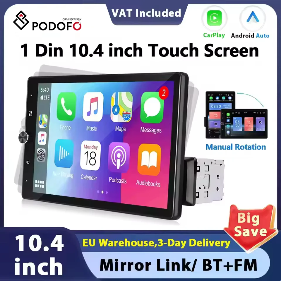 Podofo Universale 10.4''Radio Stereo per Auto 1din autoradio Carplay Bluetooth Ricevitore FM Lettore Video Multimediale