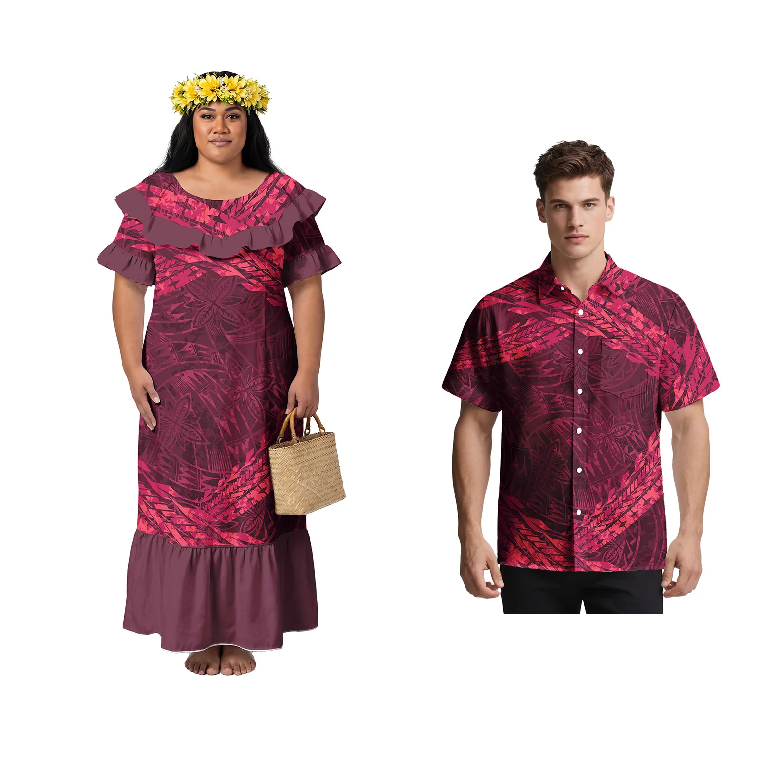 

Beach Couple Clothes Samoan Men Casual Party Shirts Ruffles Collar Aloha Dress for Women Polynesian Couple Match Outfits Custom