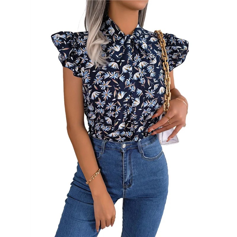 

Women's Ruffle Short Sleeve Summer 2025 Trendy Floral Trim Neck Casual Dressy Chiffon Boho Blouses Shirts-A55G