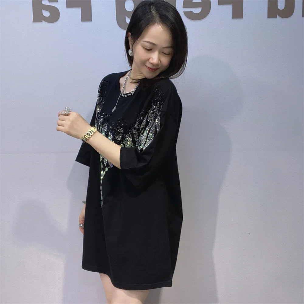 Streetwear New Spring Summer Women Short Sleeve T-shirt Hot Diamonds Wings Mid-long Oversize Pullover Trendy Couple Cotton Tees