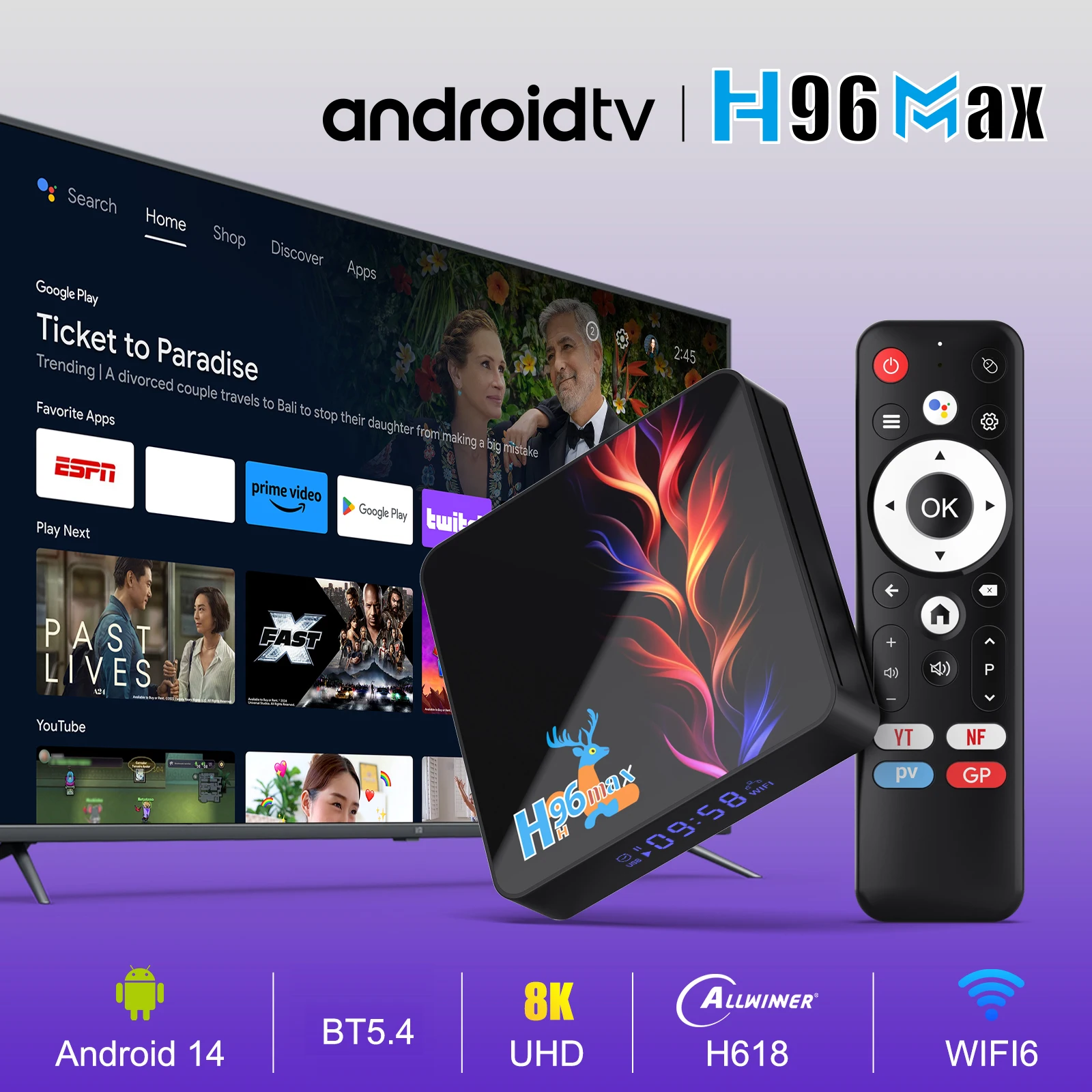 H96 MAX H618 Hope Android 14 TV Box 4GB 32GB/128GB Storage 8K UHD WiFi6 BT5.4 Set Top Box مع مشغل الوسائط عن بعد الصوتي