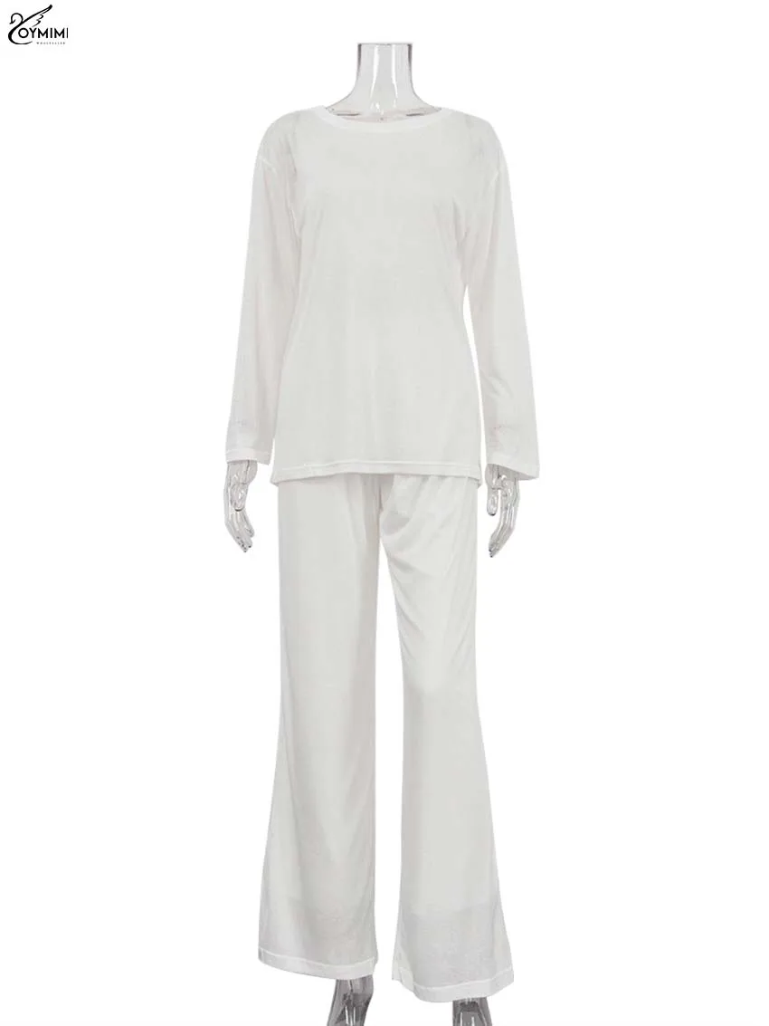 Oymimi casual branco solto duas peças outfits mulher elegante o-pescoço manga longa blusas simples e calças retas de comprimento total conjuntos