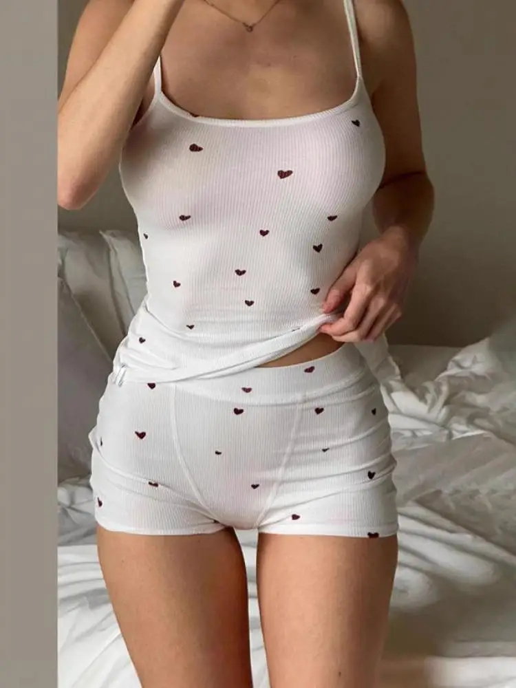 

Summer Heart Print Ribbed 2 Piece Set Women Casual Simple Tank Tops+high Waist Shorts Daily Fashion Stretch Basic Outfits