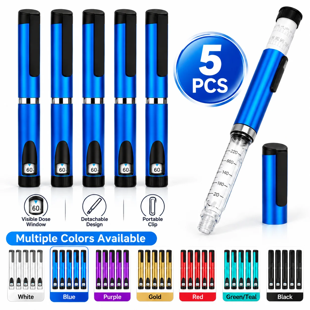Upgrade 5Pcs Reusable V3 Injection Pen Set Magic Pen Metal 60IU Refillable Adjustable Dose Pen Injector Compatible Home Use