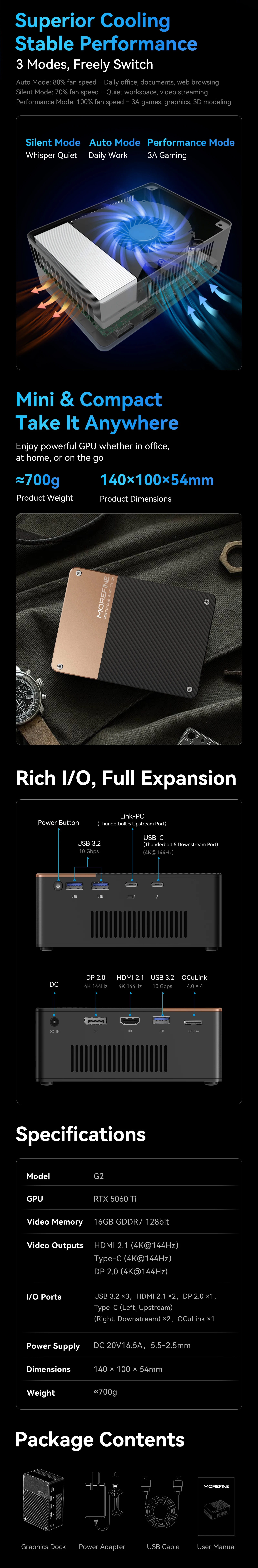 MFOREFINE G2 External GPU Dock for RTX 5060 Ti, 16GB GDDR6 Graphics Card Docking Station eGPU Enclosure