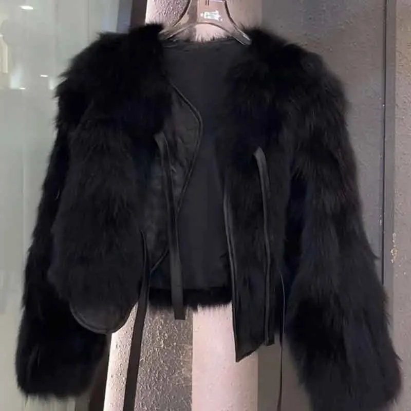 Faux Fox Fur casaco curto para mulheres, o pescoço, jaqueta fofa, renda para cima, curto Fox Fur Parkas, streetwear, moda coreana, outono, Y2K