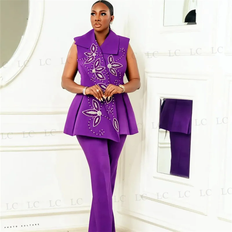 Purple Nice Design Women Suits 2 Pieces Vest Pants High Collar Beads Diamonds Slim Fit Plus Size Custom Made Mother Of The Bride