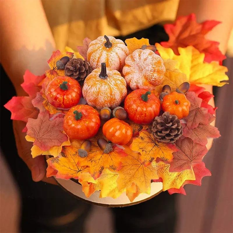 

50pcs Simulation Pumpkin Golden Autumn Mini Cushaw Set Halloween Pumpkin Thanksgiving Decoration Pumpkin Pine Cones Acorns Prop