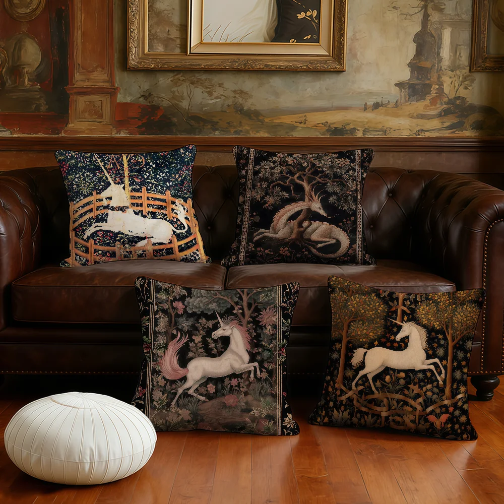 Vintage Medieval Unicorn Art cushion cover Pillowcase Double-Sided Printing Sofa Cushion Bedroom Bedside PillowCover