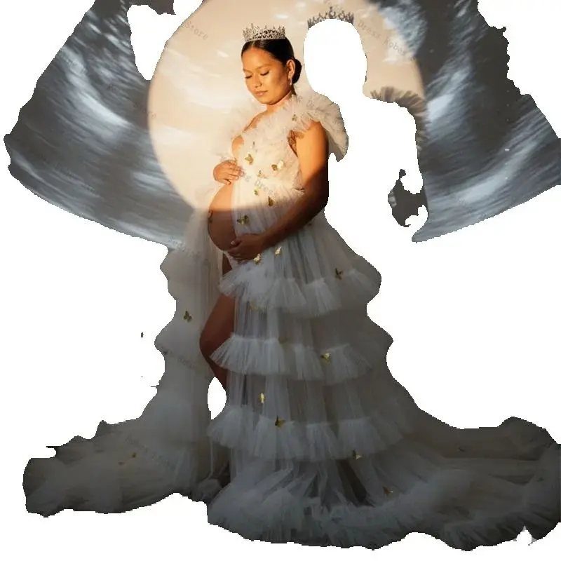 فستان نسائي أبيض للحوامل للحفلات الراقصة مثير بياقة على شكل V بدون أكمام على شكل فراشة ذهبية للأمهات ثوب مسائي ملابس نوم مخصصة