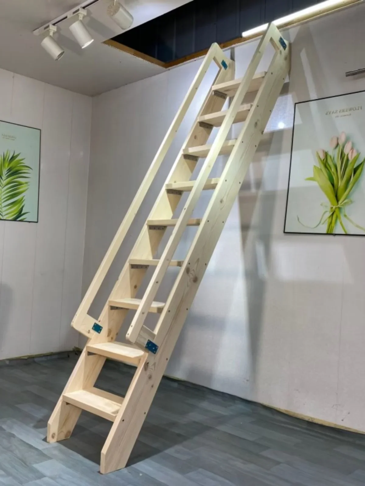 Solid wood loft staircase, ,duplex loft, home straight single bookshelf, handrail, simple indoor customized ladder