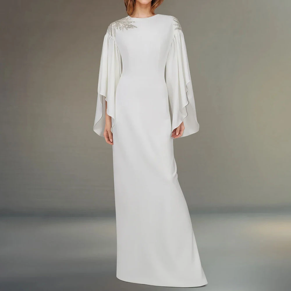 

Vindal Crystal O Neck Long Sleeves Modern Ivory Evening Gowns for Women Floor Length Saudi Arab Wedding Guest Dresses Customized