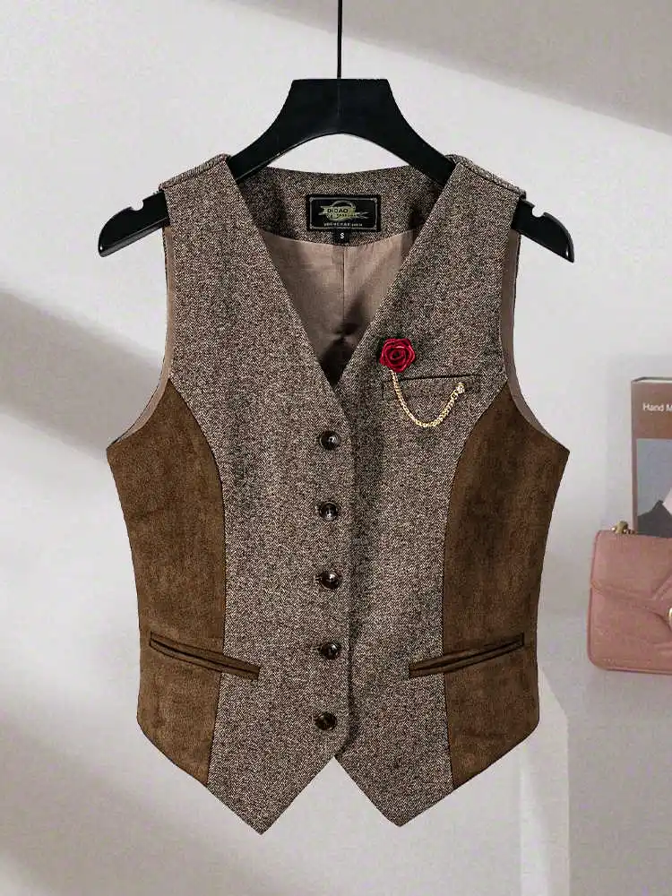 

Women's Vintage Tweed Waistcoat Brown Contrast Sleeveless Vest Jacket Retro Style Buttoned Formal Commute Fashion Outerwear