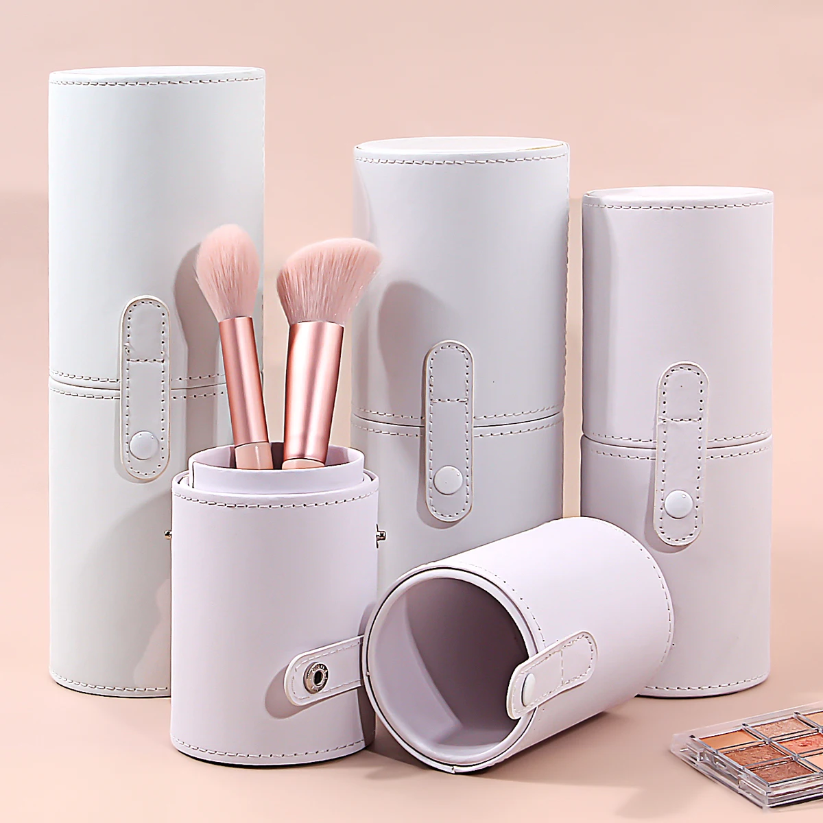 1 stücke tragbare push-taste PU leder make-up pinsel lagerung eimer mit deckel große kapazität desktop reise make-up lagerung werkzeug