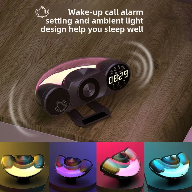 

Многофункциональная Bluetooth-колонка с беспроводной зарядкой для телефона, RGB-подсветкой, часами и будильником, Bluetooth-аудио