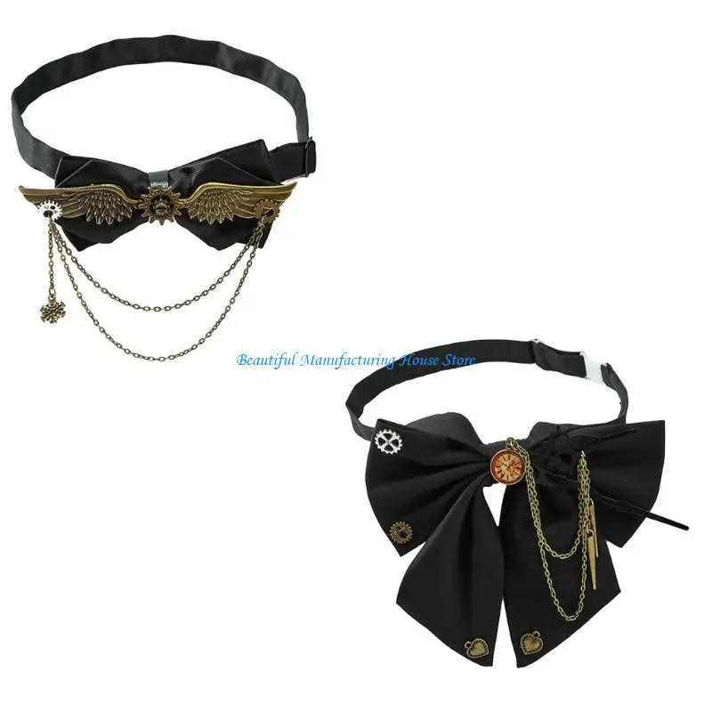 

E56A Steam Punk Gear BowTie Tassels Chain Necktie Gothic Halloween Party Accessories
