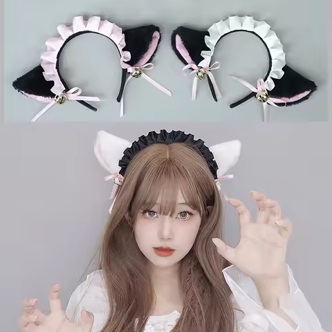 Kawaii Maid Headband Lolita Cat Ear Headgear Cosplay Headwear Japanese Anime Girls Bell Bow Hair Accessories
