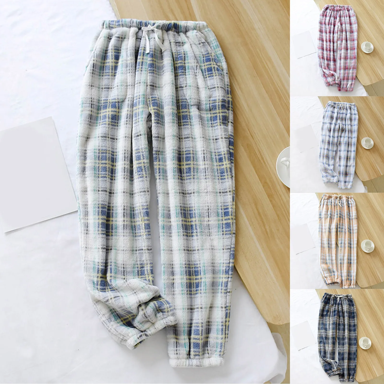 

Ladies Winter Flannel Soft Pajama Trousers Plaid Printing Coral Fleece Thickened Warmer Home Trousers With Pockets Casual Pants