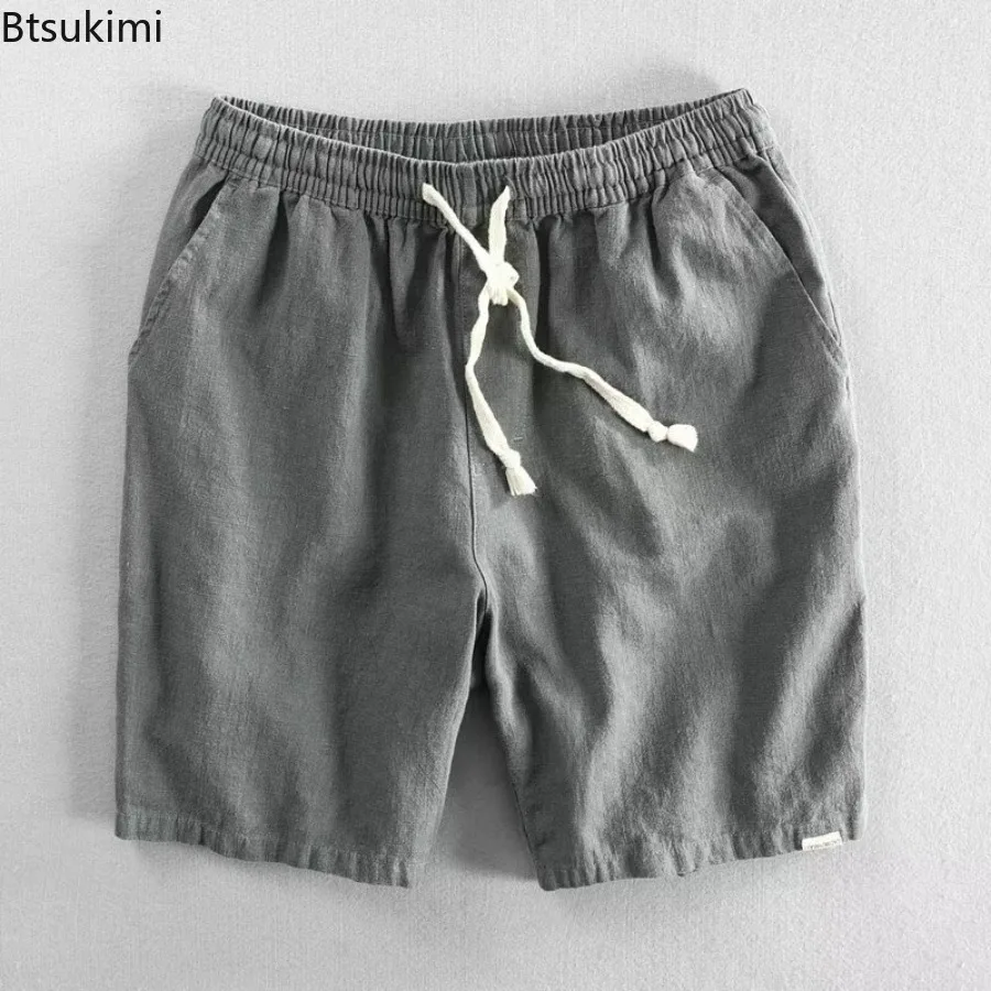 2025 Men's Summer Casual Cotton Linen Shorts Knee Length Beach Elastic Waist Shorts for Men Solid Color Comfortable Pants Male