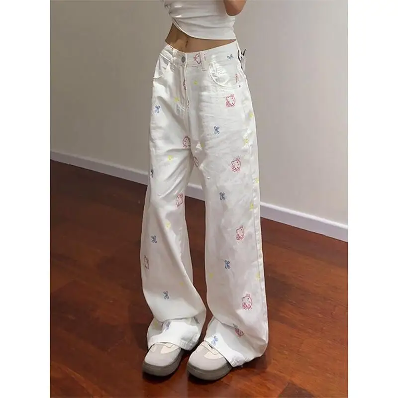 

High Waist Loose Wide Leg Straight Jeans Women's Autumn Design fiti Embroidery Cotton Polyester Resin Color Fastening Zipper