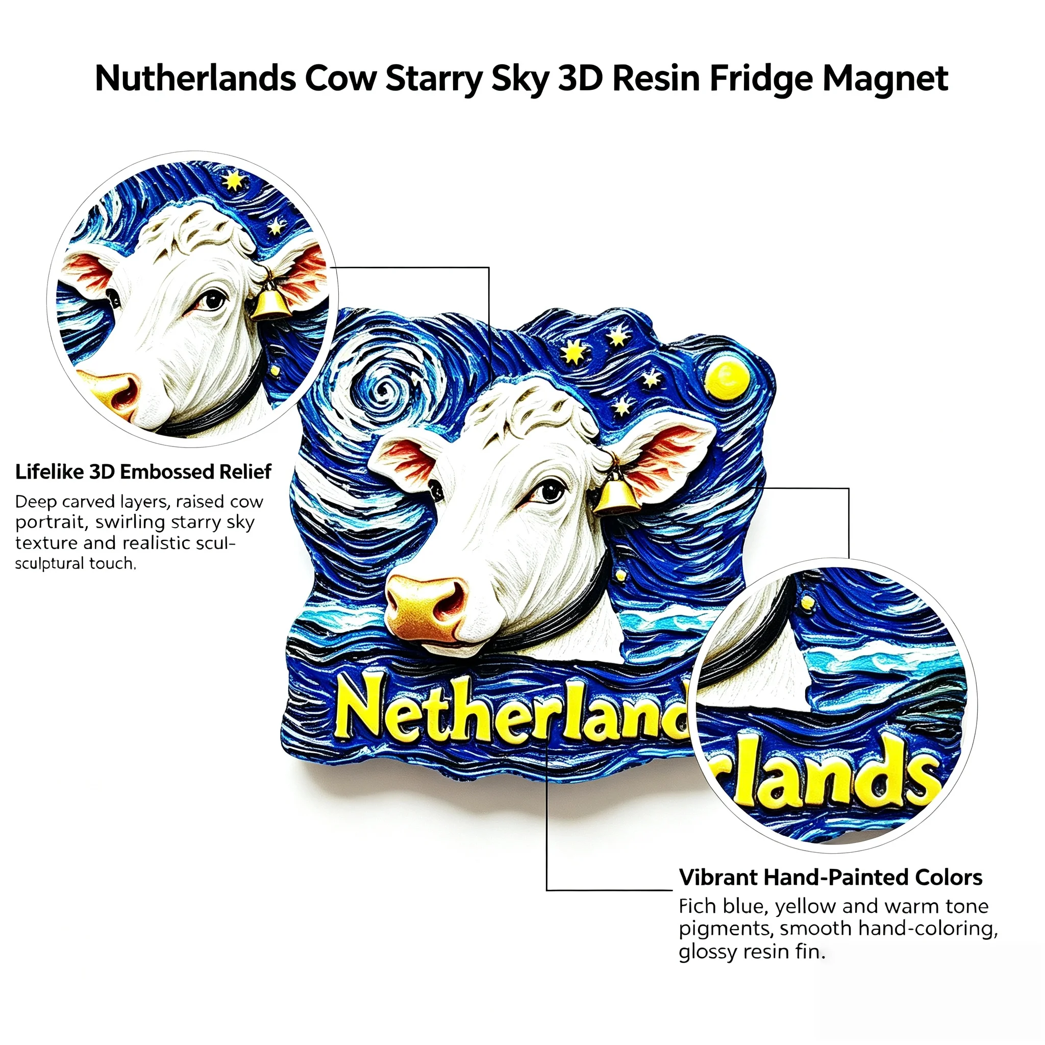 3D Relief Netherlands Starry Sky Cow Resin Fridge Magnet Van Gogh Art Landscape Travel Souvenir Decorative Refrigerator Magnet