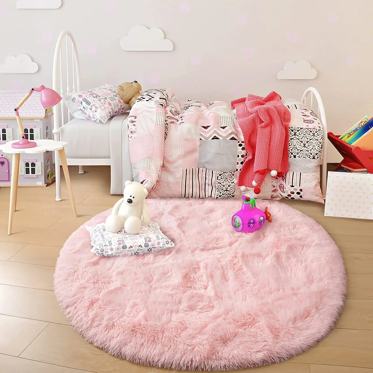 Pink Round Carpet Fluffy Soft Area Rugs for Kids Girls Room Princess Castle Plush Shaggy Carpet Cute Circle Nursery Rug Bedroom