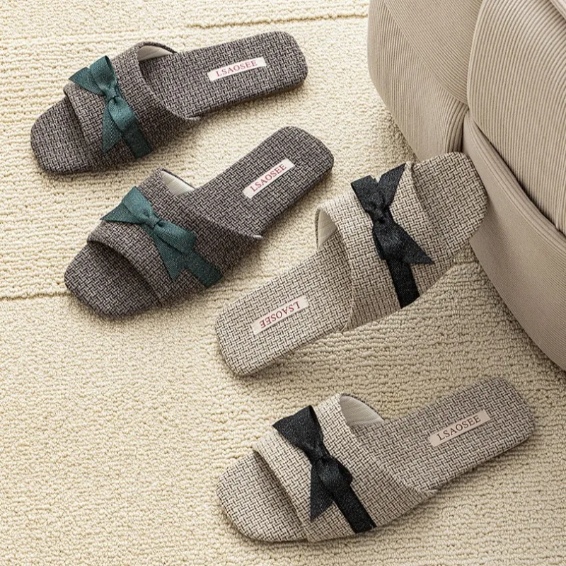 الراحة زوجين شبشب منزل Bowknot الكتان القماش مصمم المفتوحة تو تنفس شبشب منزل خفيفة الوزن شقة أحذية نسائية
