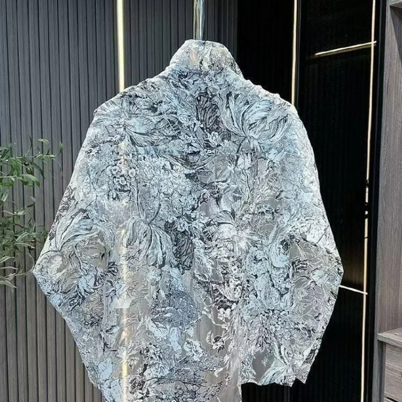 2026 New Summer Lightweight Casual Lapel Hollow Printed Shirt Men Organza Breathable Mesh Sun Protection Loose Jacket