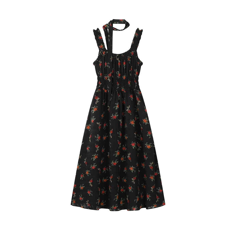 

Sweet Hot Girl Retro Black Floral Strap Dress for Women's Summer Sexy Chic Slim Fit A-line Long Dress Fashion Female Clothes
