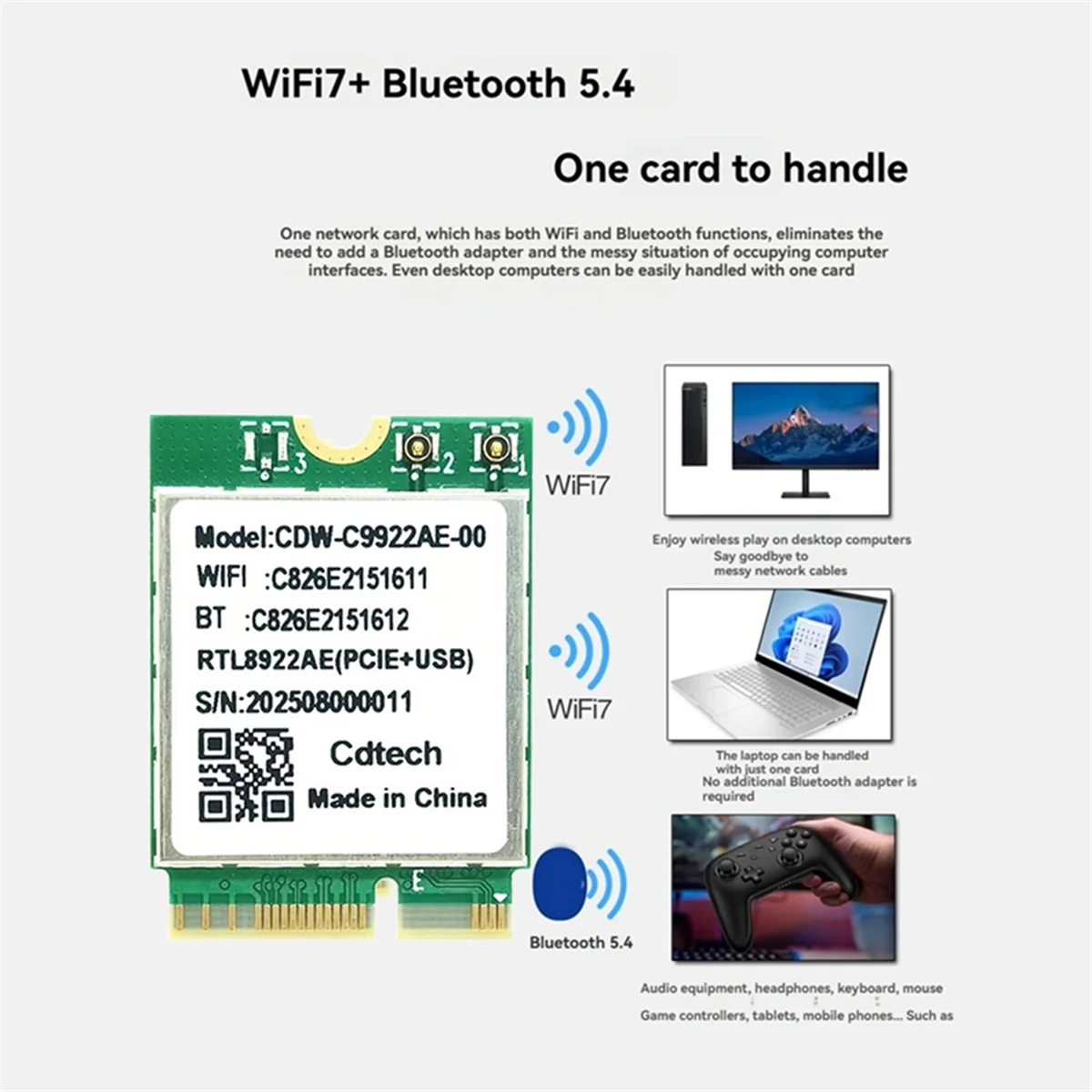 بطاقة RTL8922AE WiFi7 6338Mbps ثلاثي الموجات 2.4G/5G/6G محول WiFi لاسلكي Bluetooth5.4 M.2 لهوائي Win10/Win11+10DB