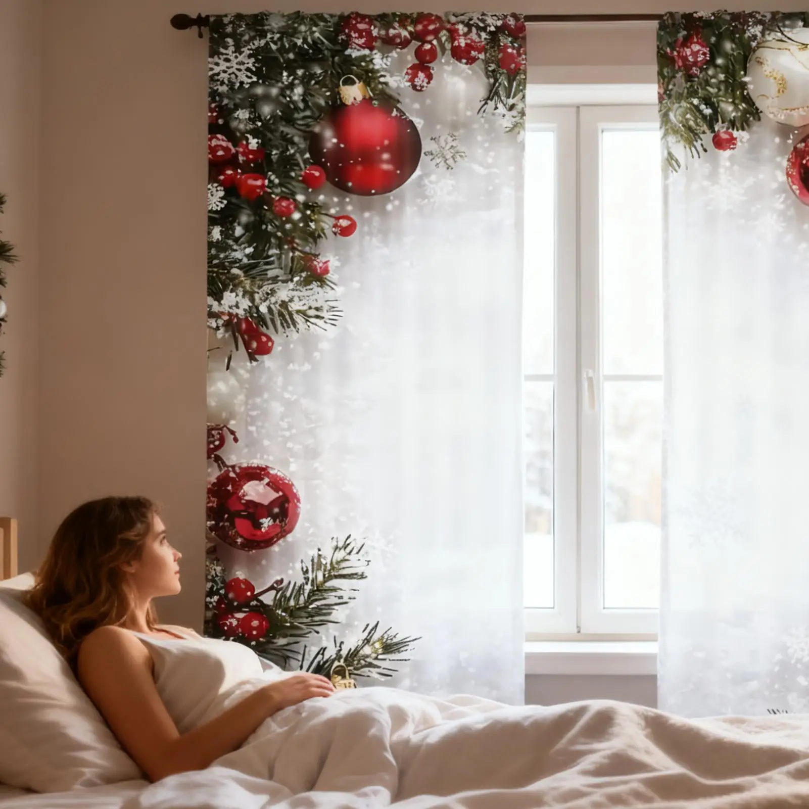 Christmas Drape 2 Pieces Ball Print Window Cover 2D Flat Printed Decorative Drapes With Snowflake And Pine Branch Pattern