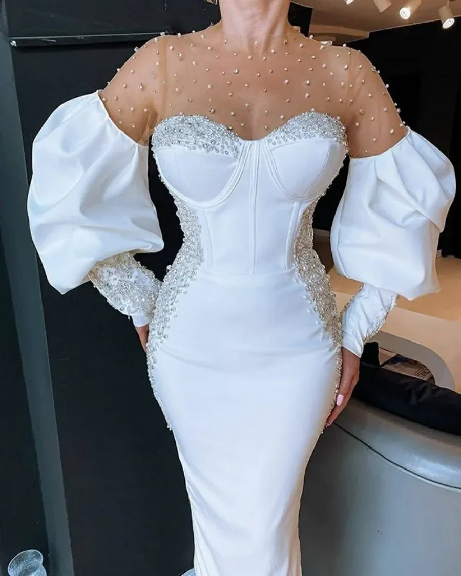 Vestido branco elegante com decote em O, Manga comprida, Pérolas, Frisado, Dubai, Vestidos de baile, Árabe, Ocasião formal, Querida, 2024