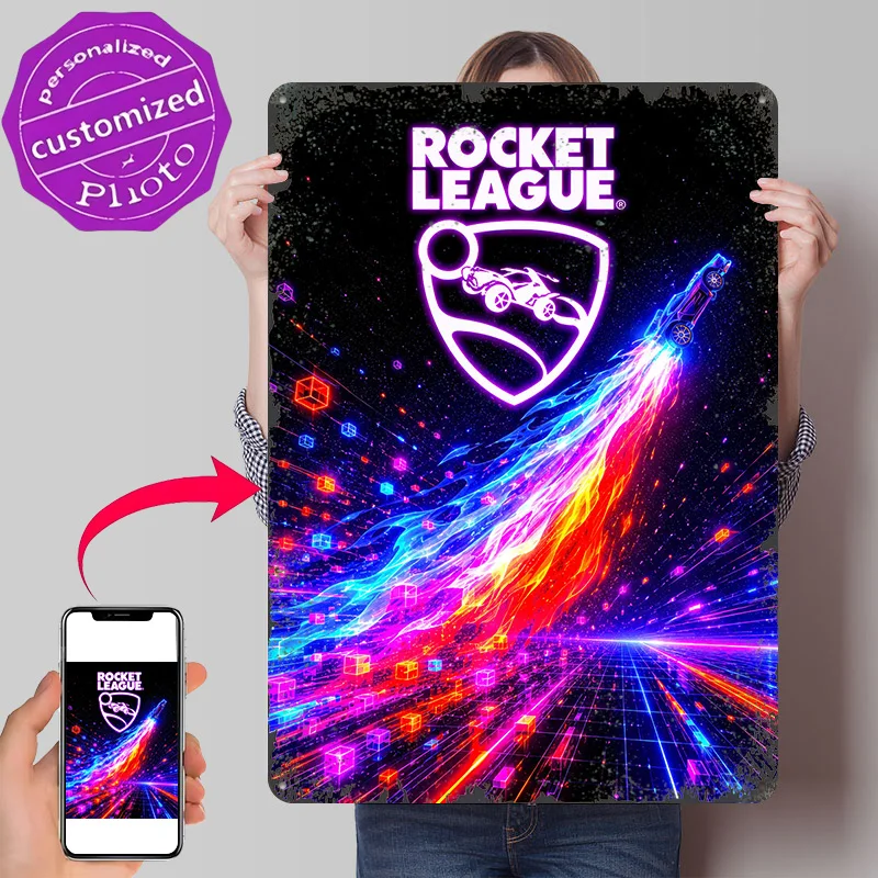 Rocket League Neon Car Boost Personalized 3D Textured Metal Poster Wall Art Vintage Tin Signs for Home Decor Accessories Items