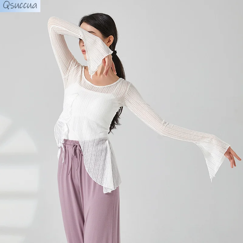 Classical Dance Butterfly Shadow White Top, New Lace Butterfly Slim Flared Sleeve Practice Clothes